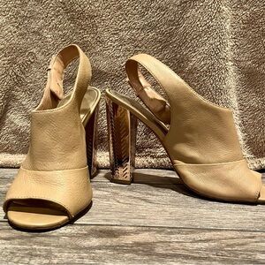 Coach Peep Toe Leather Bootie‎ with Gold Metallic Detail Heel Size 11